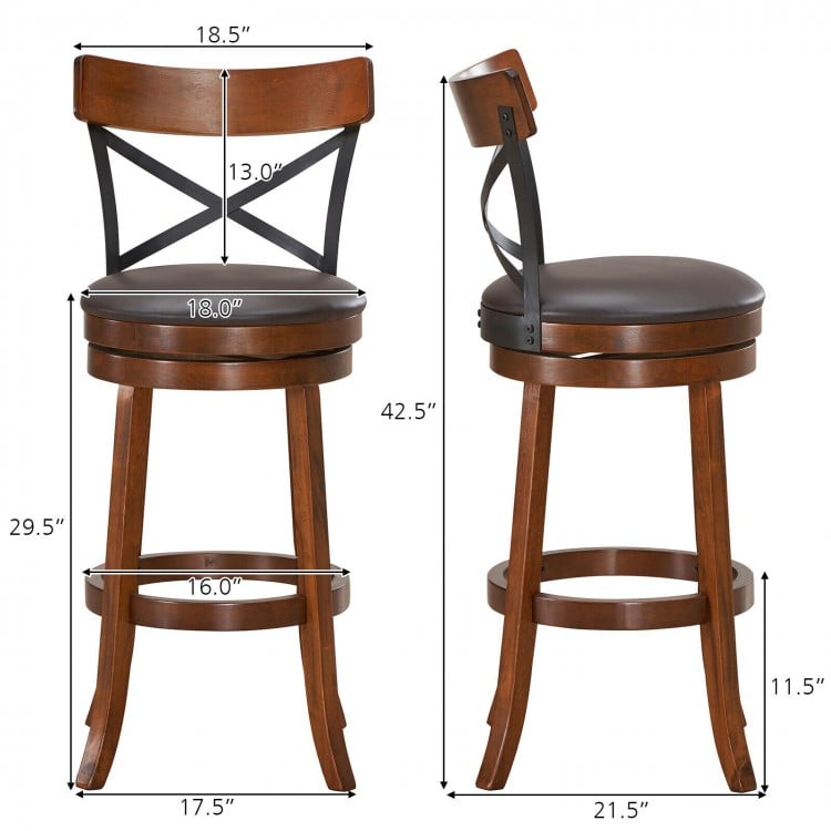 Set of 2 Bar Stools 360-Degree Swivel Dining Bar Chairs with Rubber Wood Legs-L