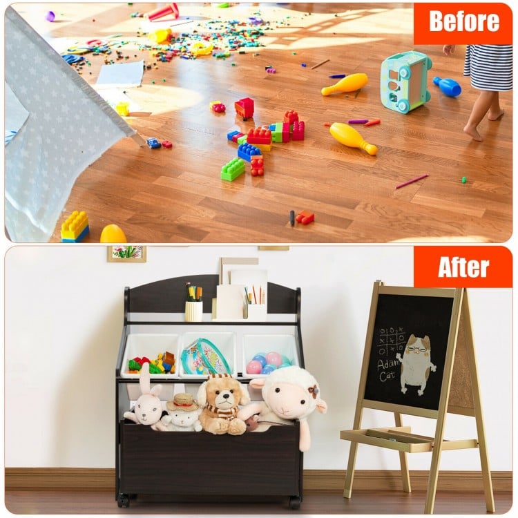 Kids Wooden Toy Storage Unit Organizer with Rolling Toy Box and Plastic Bins-Espresso