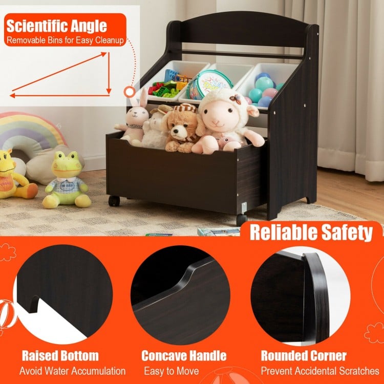 Kids Wooden Toy Storage Unit Organizer with Rolling Toy Box and Plastic Bins-Espresso