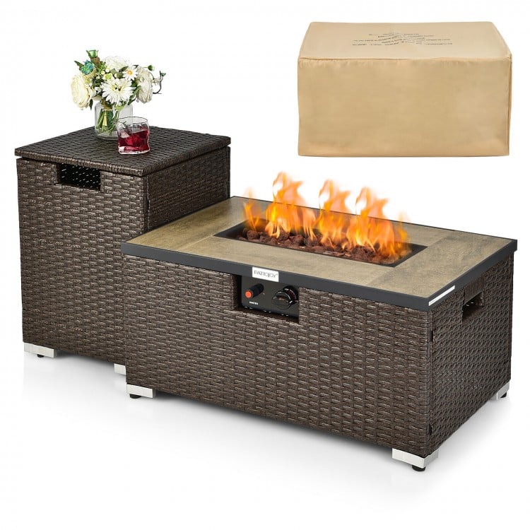 32 Inch x 20 Inch Propane Rattan Fire Pit Table Set with Side Table Tank and Cover