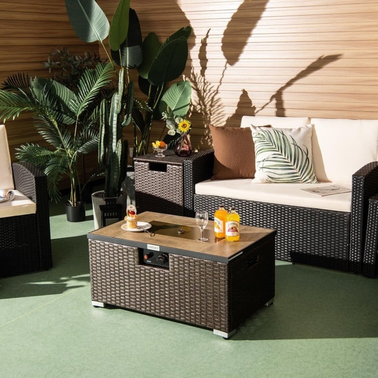 32 Inch x 20 Inch Propane Rattan Fire Pit Table Set with Side Table Tank and Cover