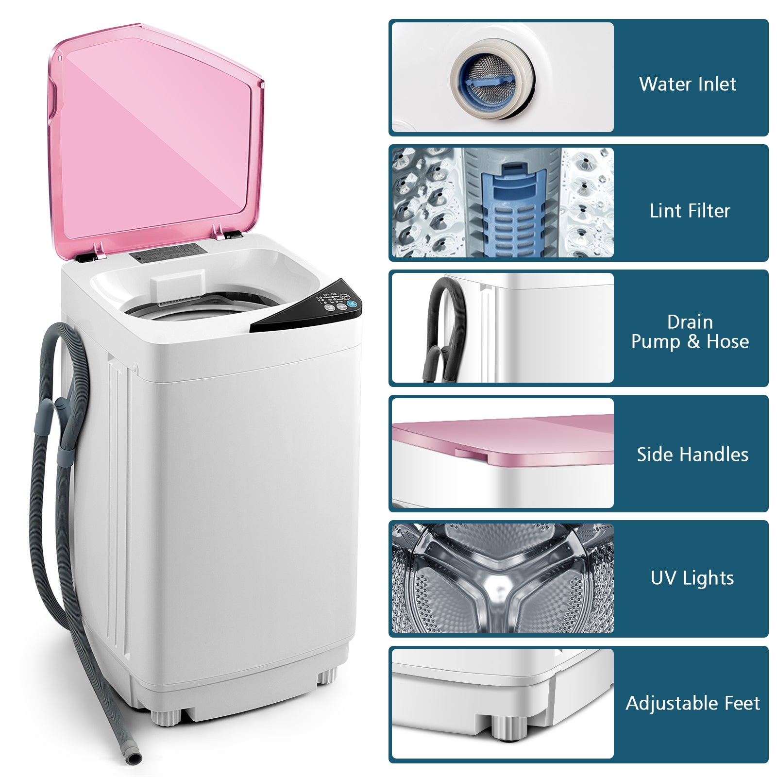 Full-automatic Washing Machine 7.7 lbs Washer / Spinner Germicidal-Pink