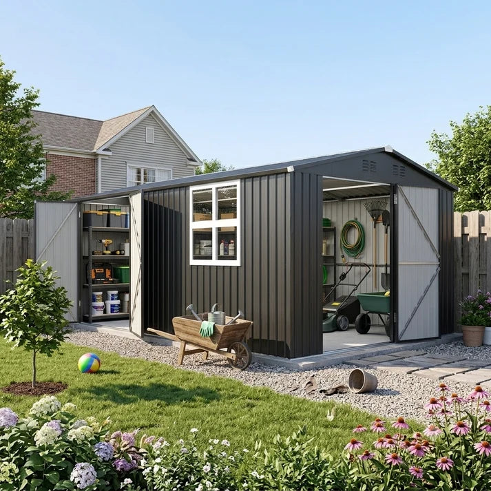 YODOLLA 10' x 20' Outdoor Storage Shed, Large Metal Garden Shed with Windows & Double Doors