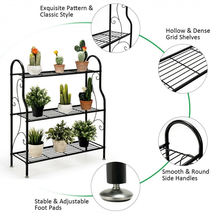 3-Tier Scrollwork Designed Metal Plant Stand-Black
