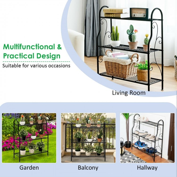 3-Tier Scrollwork Designed Metal Plant Stand-Black