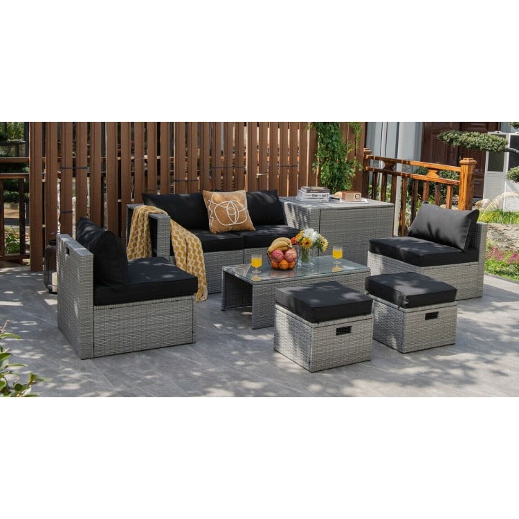 8 Pieces Patio Rattan Furniture Set with Storage Waterproof Cover and Cushion-Black