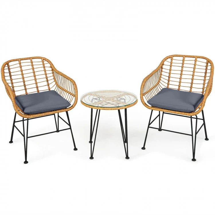 3-Piece Rattan Bistro Set with Cushioned Chairs & Glass Table