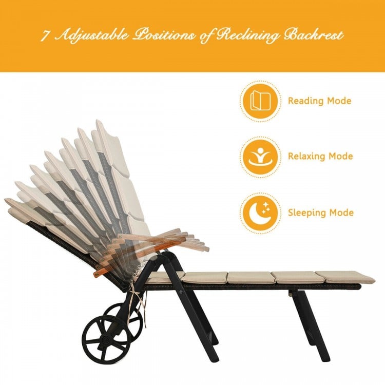 Outdoor Chaise Lounge Chair Rattan Lounger Recliner Chair-Beige