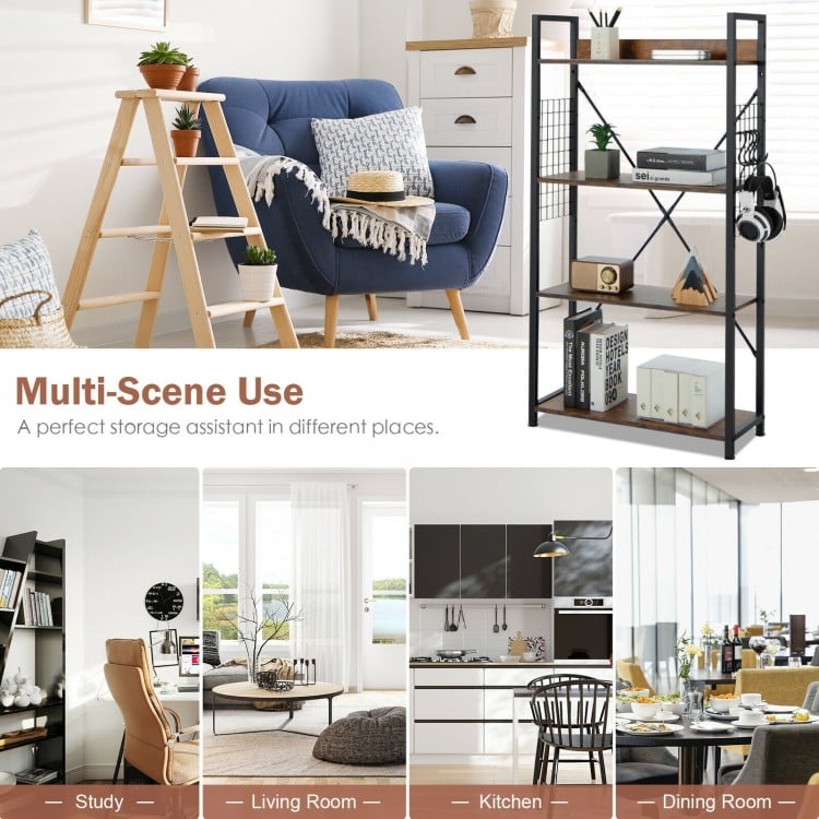 4 -Tier Industrial Open Storage Bookshelf-Rustic Brown