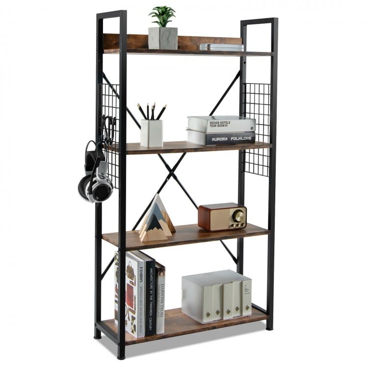4 -Tier Industrial Open Storage Bookshelf-Rustic Brown