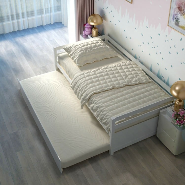 Twin Size Wooden Slat Trundle Platform-White