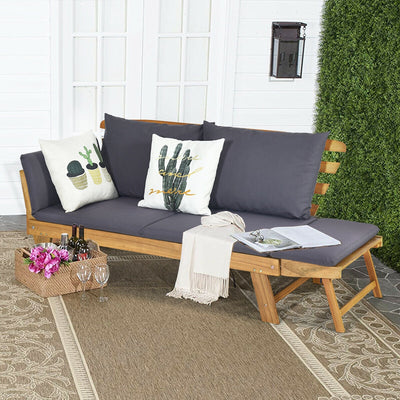 Patio Convertible Solid Wood Sofa with Cushion 