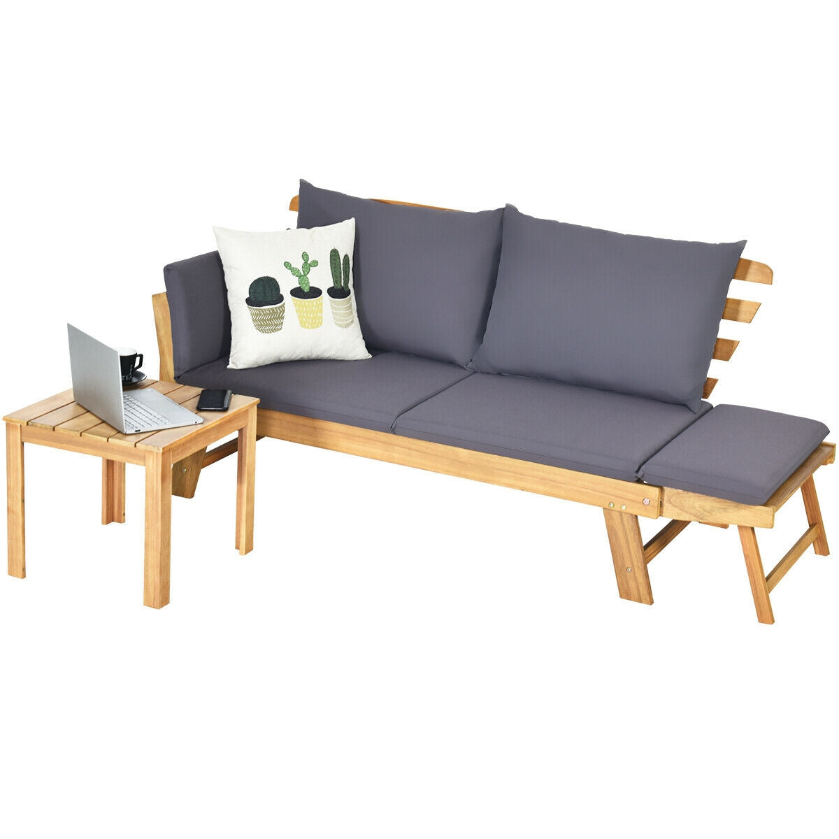 Patio Convertible Solid Wood Sofa with Cushion