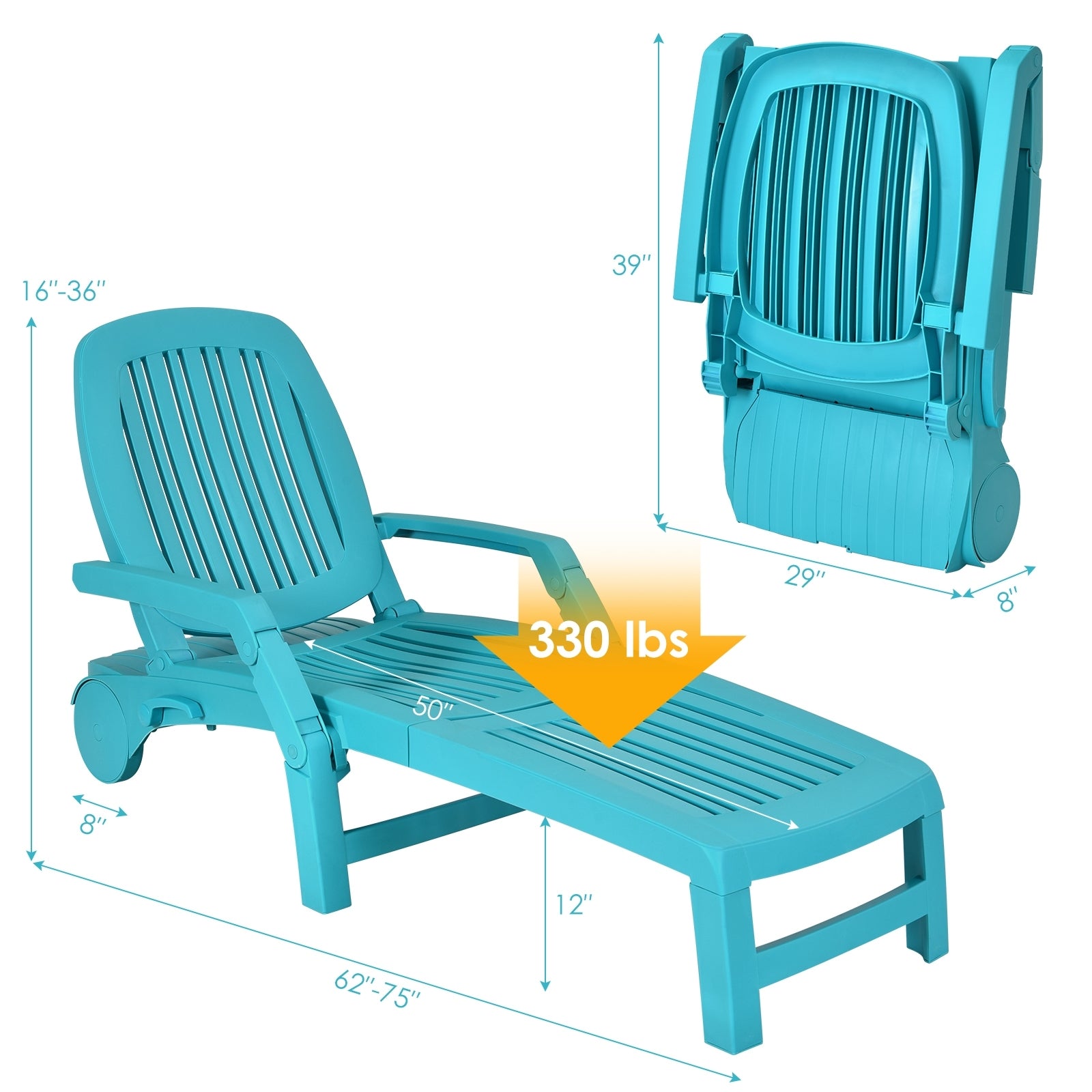 Adjustable Patio Sun Lounger with Weather Resistant Wheels-Turquoise 