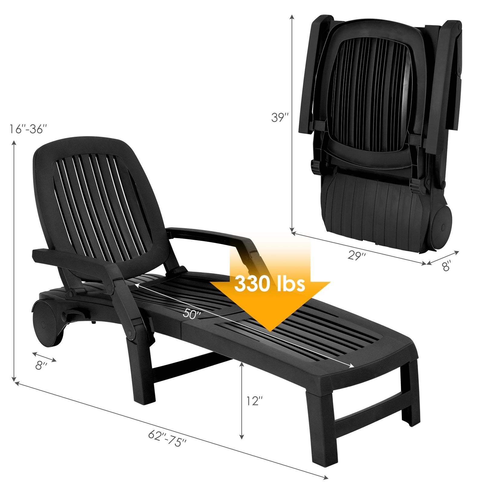 Adjustable Patio Sun Lounger with Weather Resistant Wheels-Black