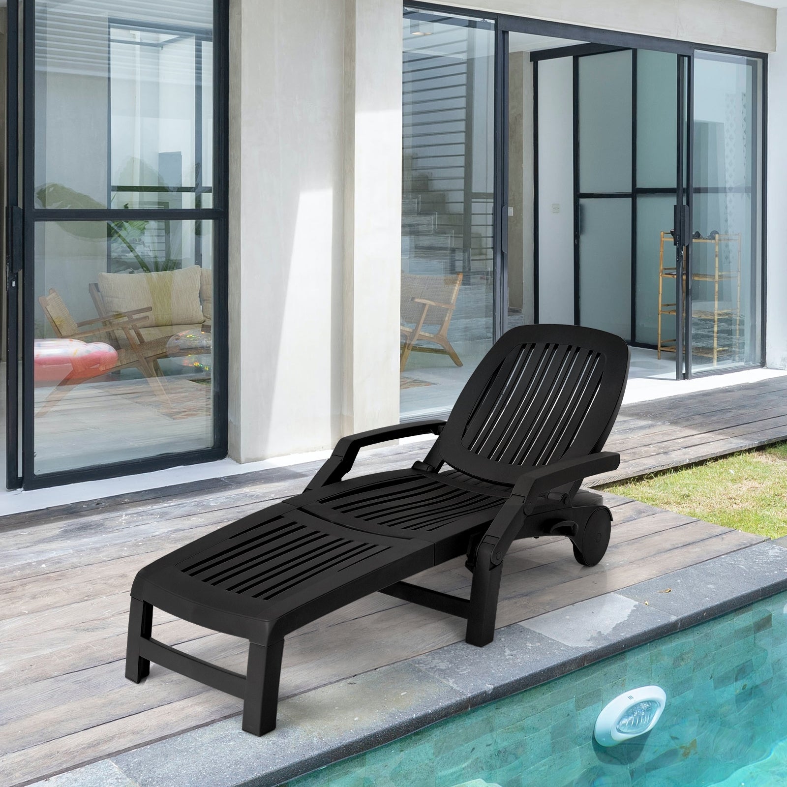 Adjustable Patio Sun Lounger with Weather Resistant Wheels-Black 