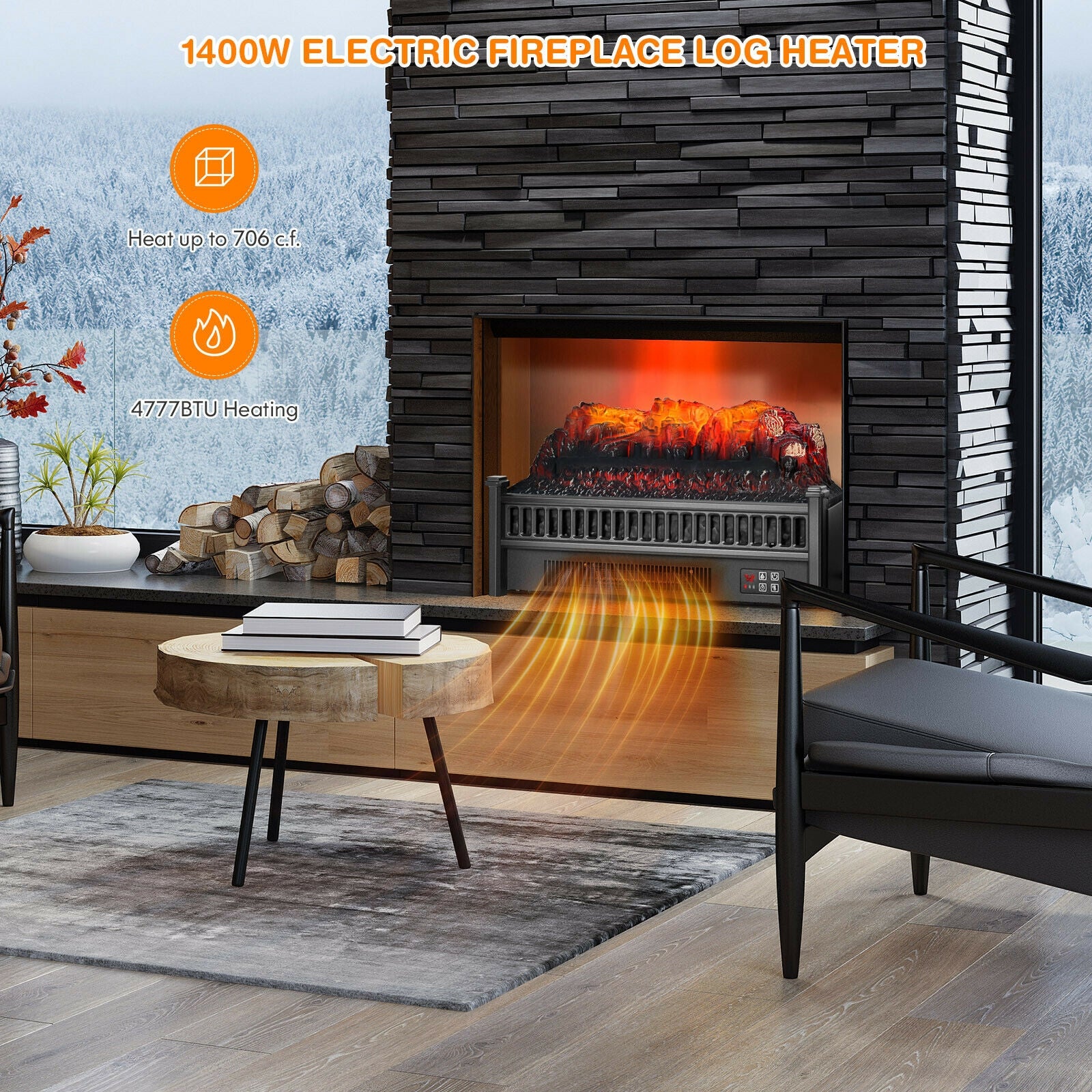 1400W Electric Fireplace Log Heater with Adjustable Flame Brightness-Black 