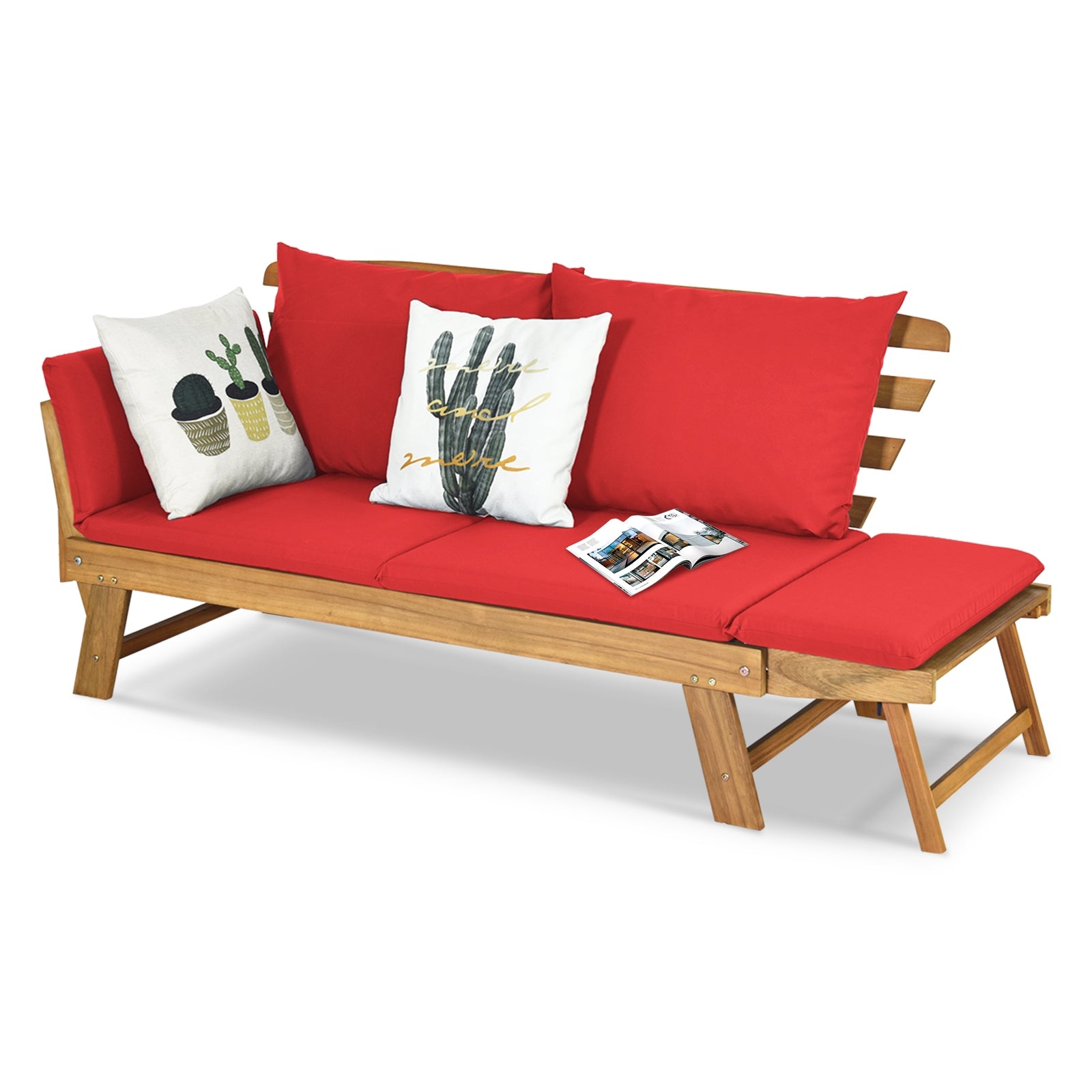 Adjustable Patio Convertible Sofa with Thick Cushion-Red