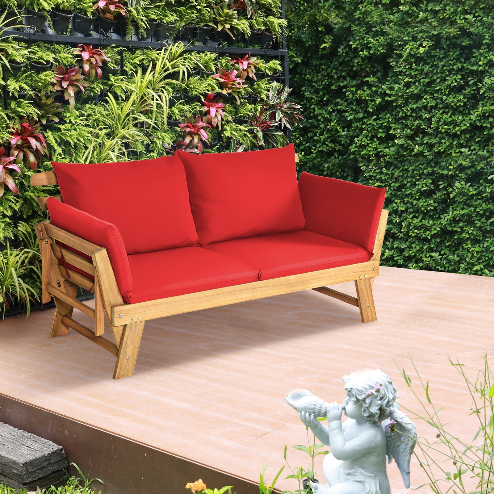 Adjustable Patio Convertible Sofa with Thick Cushion-Red