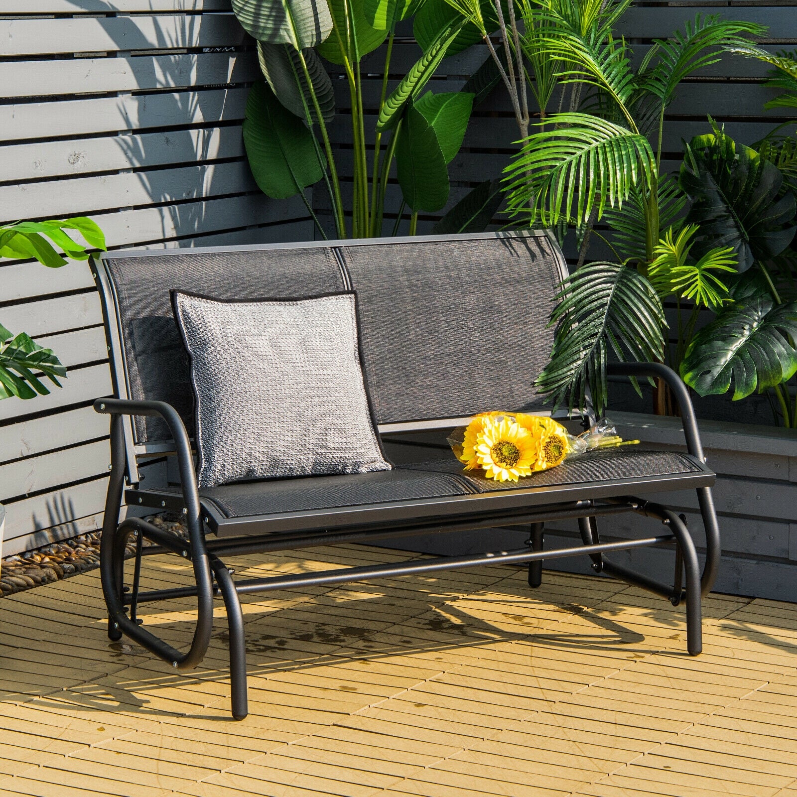 Swing Glider Chair 48 Inch Loveseat Rocker Lounge Backyard-Black 