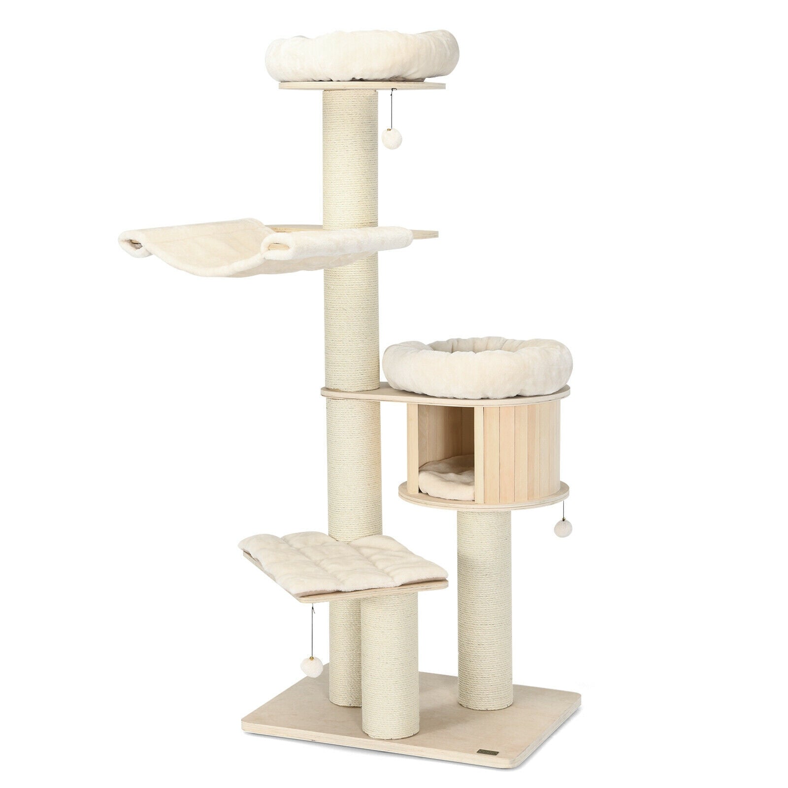 4-Layer 68.5-Inch Wooden Cat Tree Condo Activity Tower with Sisal Posts-Natural