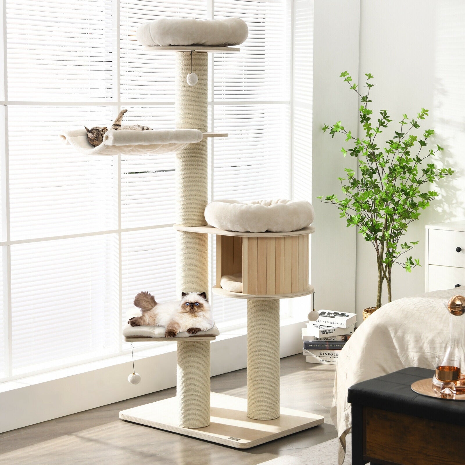 4-Layer 68.5-Inch Wooden Cat Tree Condo Activity Tower with Sisal Posts-Natural 