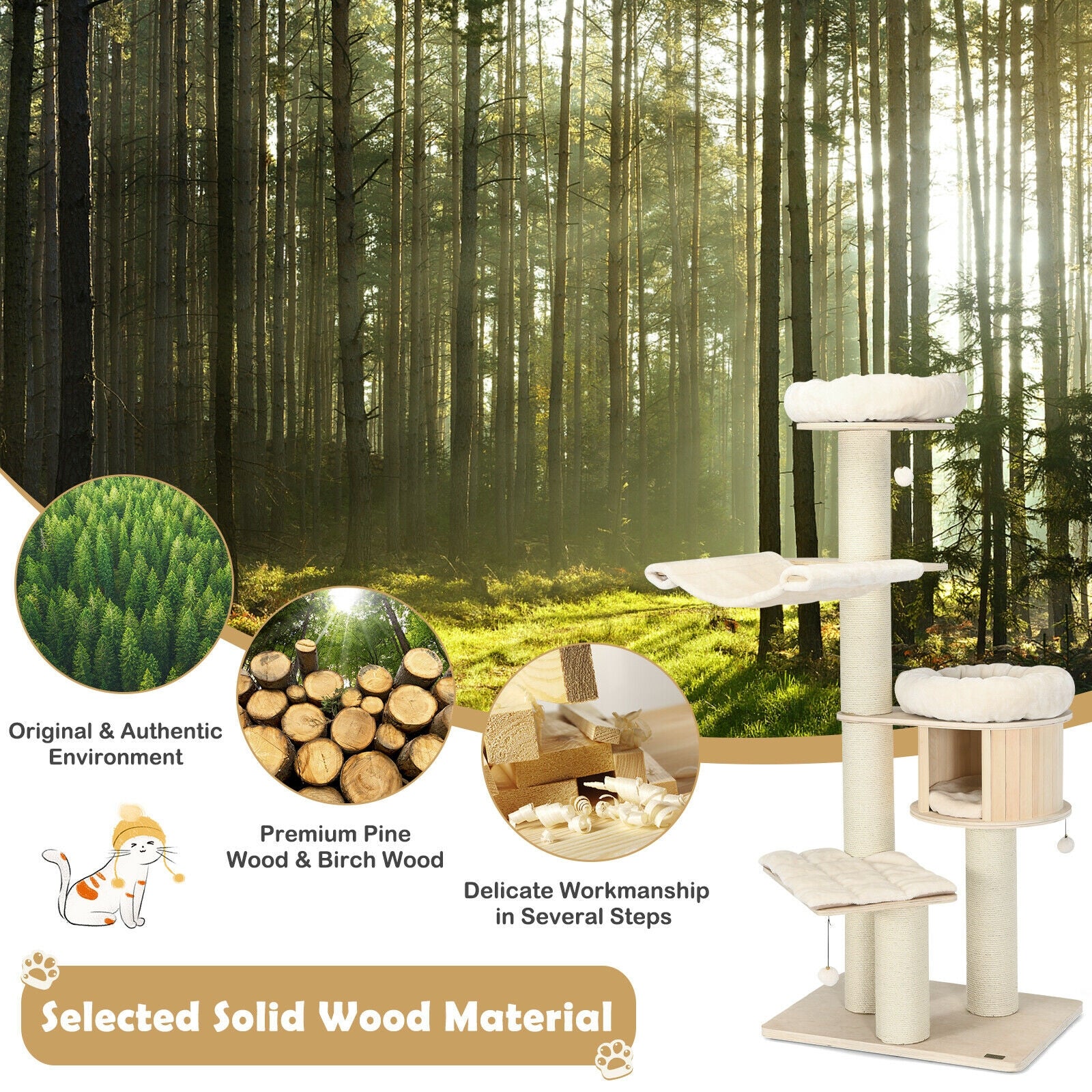 4-Layer 68.5-Inch Wooden Cat Tree Condo Activity Tower with Sisal Posts-Natural