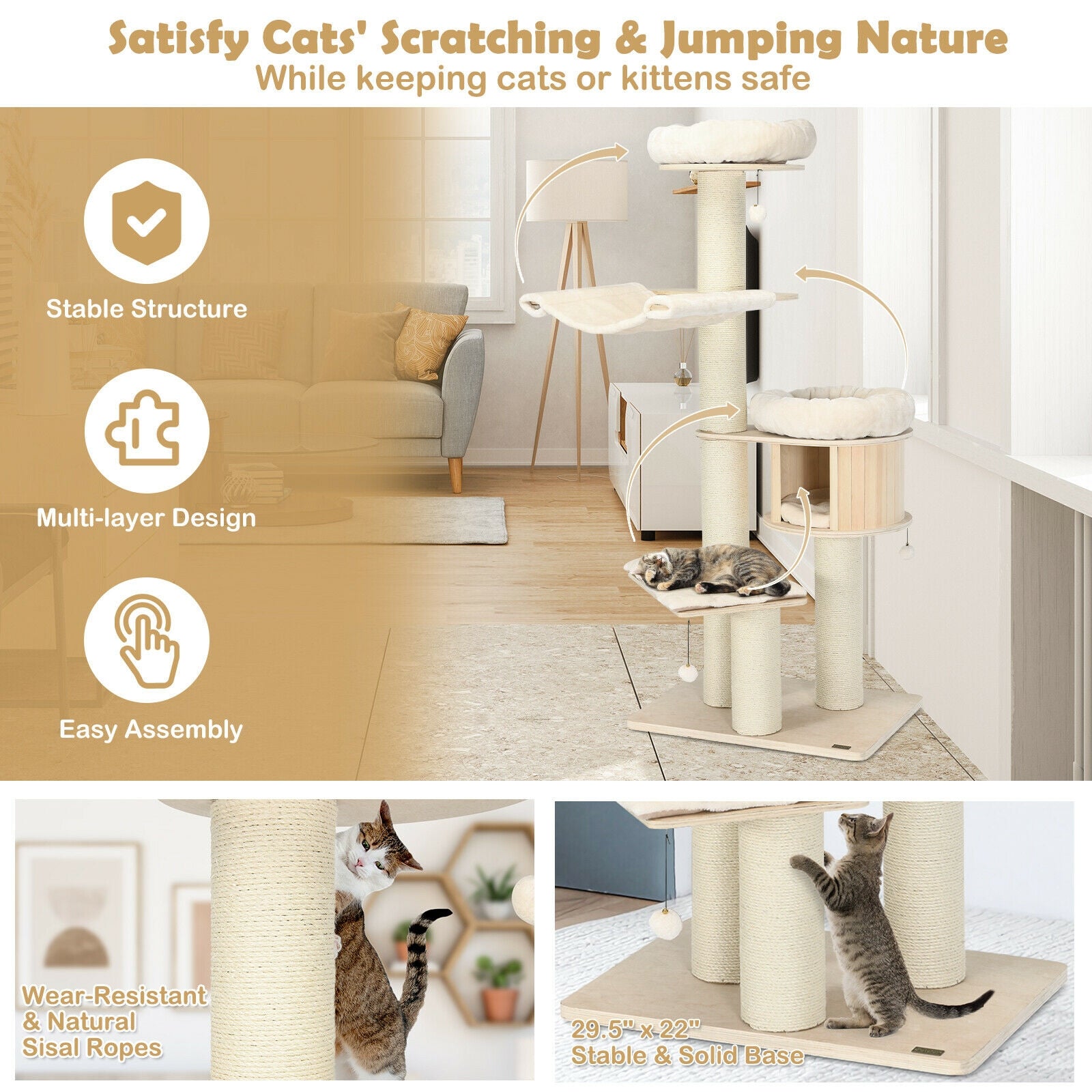 4-Layer 68.5-Inch Wooden Cat Tree Condo Activity Tower with Sisal Posts-Natural