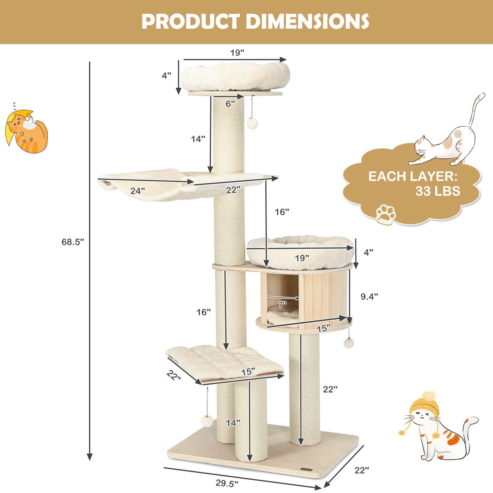 4-Layer 68.5-Inch Wooden Cat Tree Condo Activity Tower with Sisal Posts-Natural