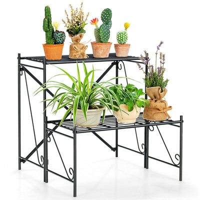 2-Tier Stair Style Metal Plant Stand for Indoor and Outdoor-Black 