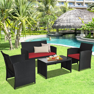 4 Pieces Rattan Patio Furniture Set with Weather Resistant Cushions and Tempered Glass Tabletop-Red 