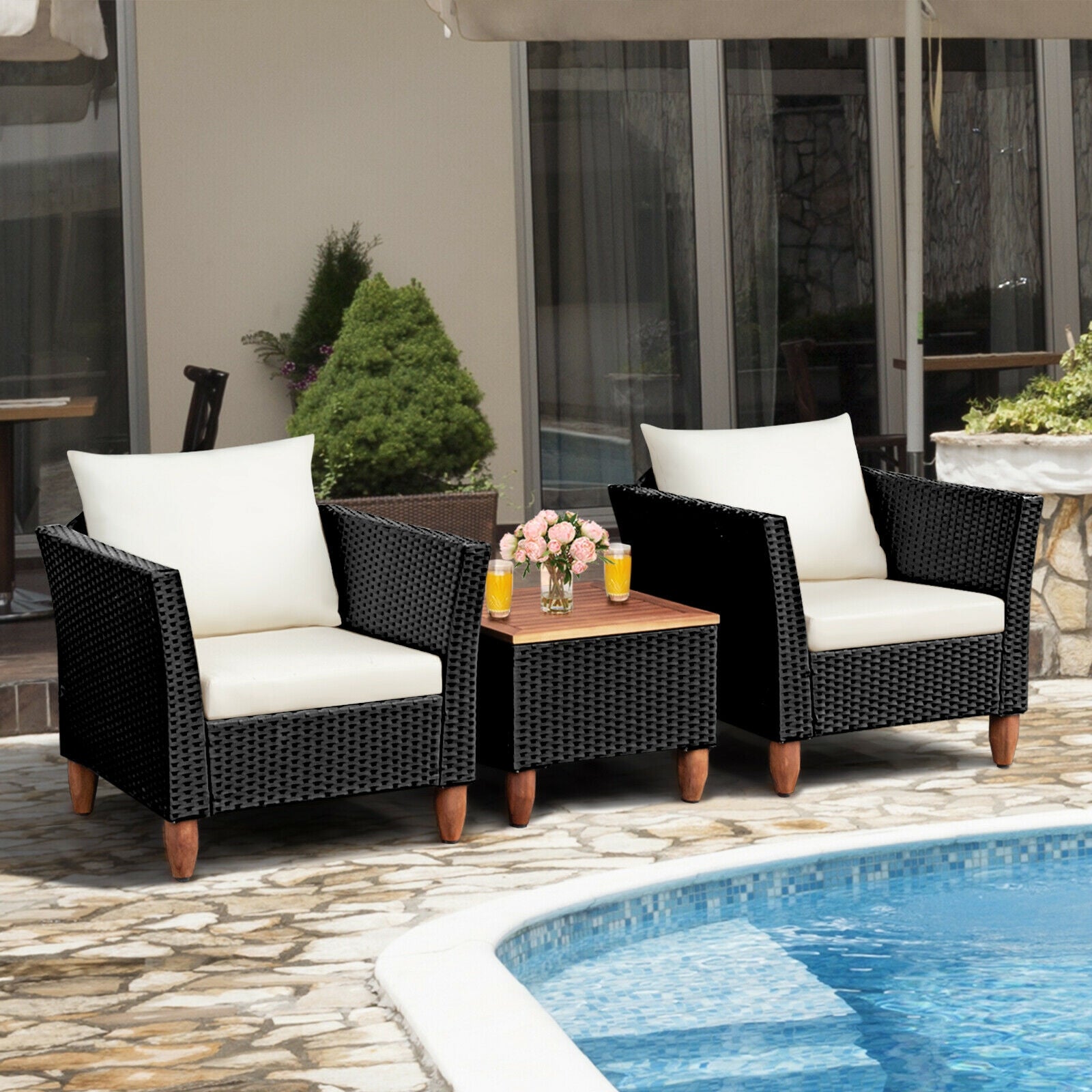 3 Pieces Outdoor Patio Rattan Furniture Set with Coffee Table