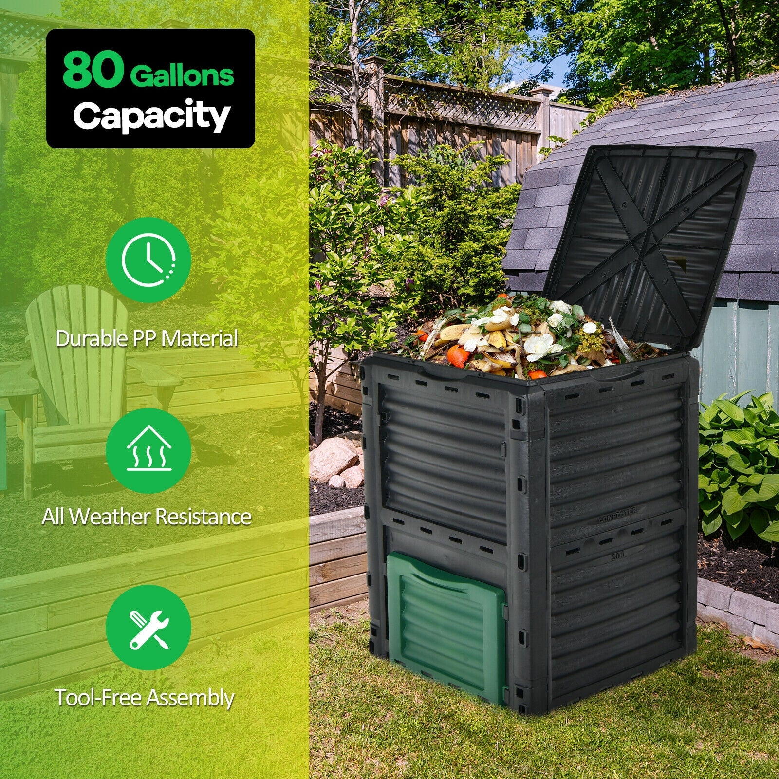 80-Gallon Outdoor Composter with Large Openable Lid and Bottom Exit Door 