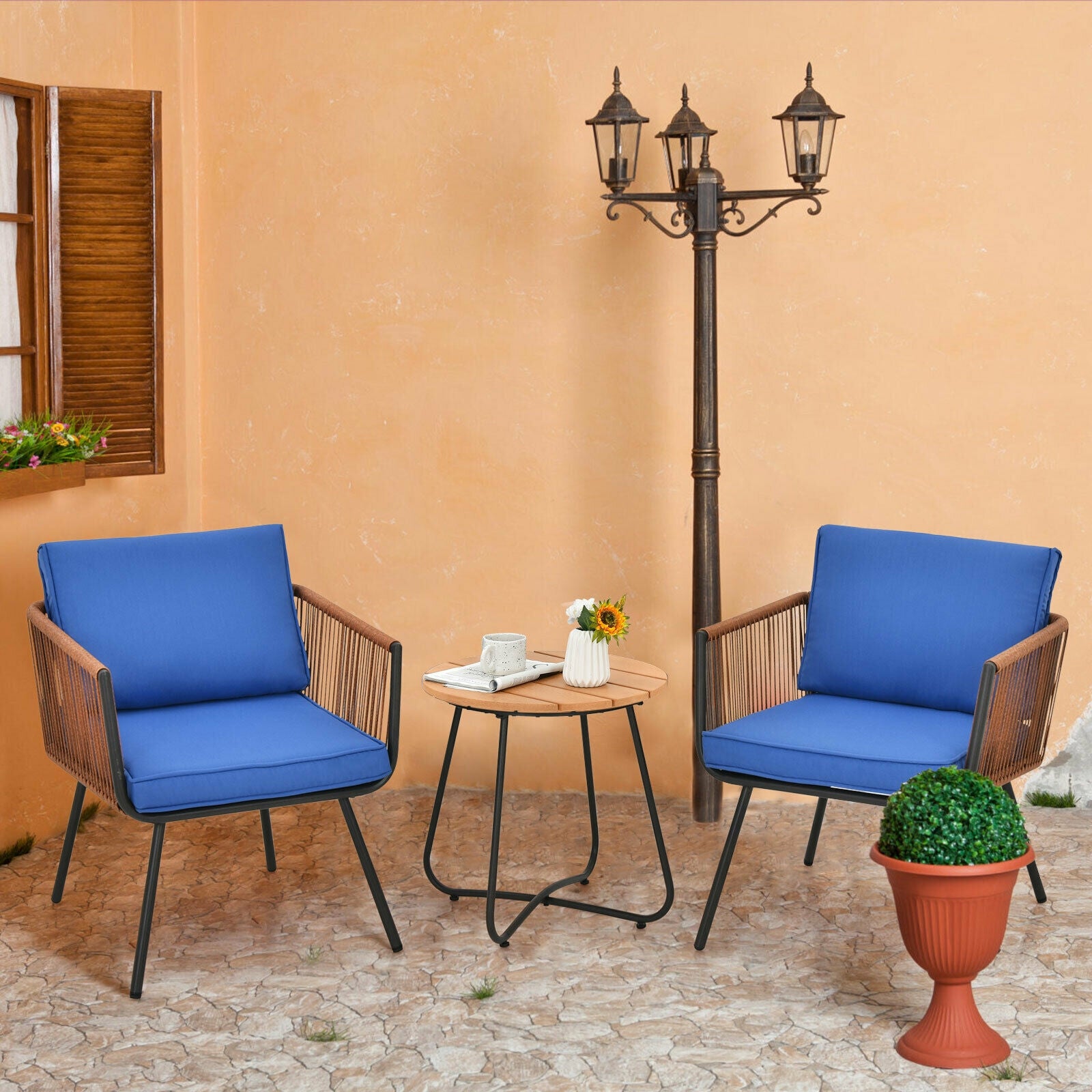 3 Pieces Patio Bistro Furniture Set with Armrest and Soft Cushions 