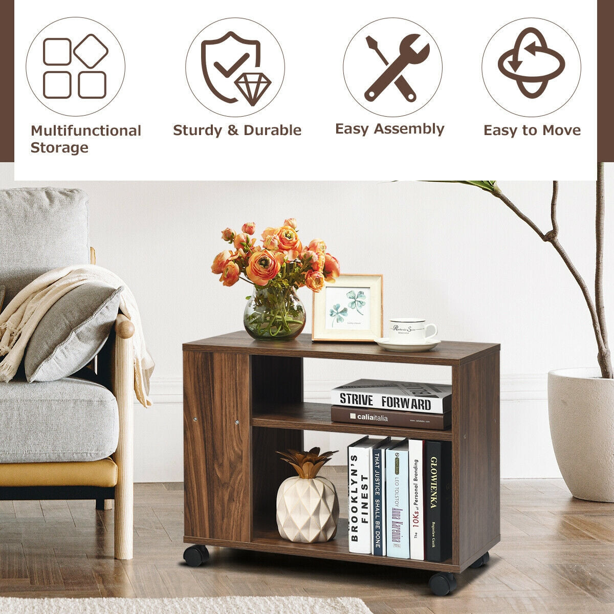 Multifunctional 3-Tier Side Table with Wheels and Large Storage Shelf 