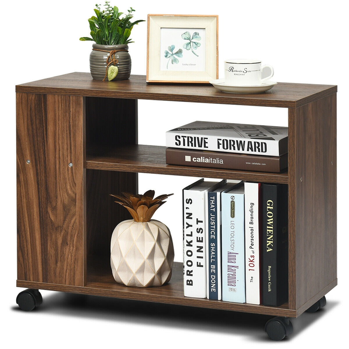 Multifunctional 3-Tier Side Table with Wheels and Large Storage Shelf