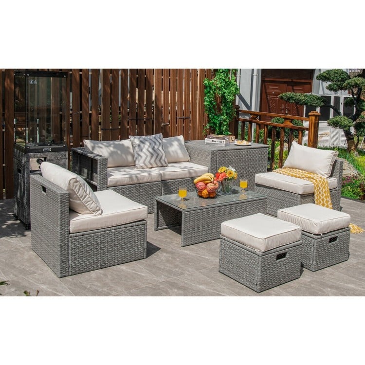 8 Pieces Patio Rattan Furniture Set with Storage Waterproof Cover and Cushion-Off White