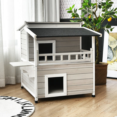 2-Story Wooden Patio Luxurious Cat Shelter House Condo with Large Balcony 