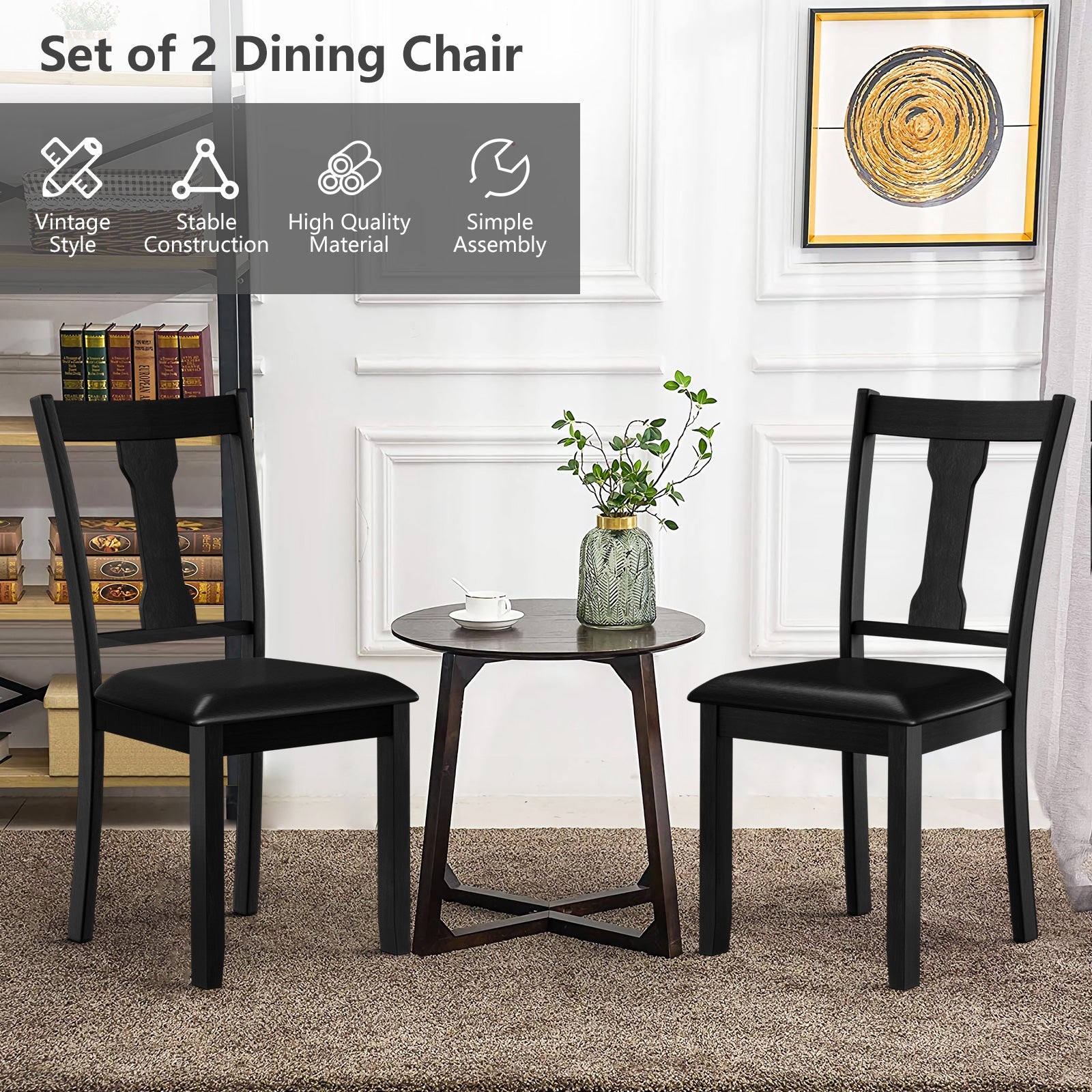 Set of 2 Dining Room Chair with Rubber Wood Frame and Upholstered Padded Seat-Black