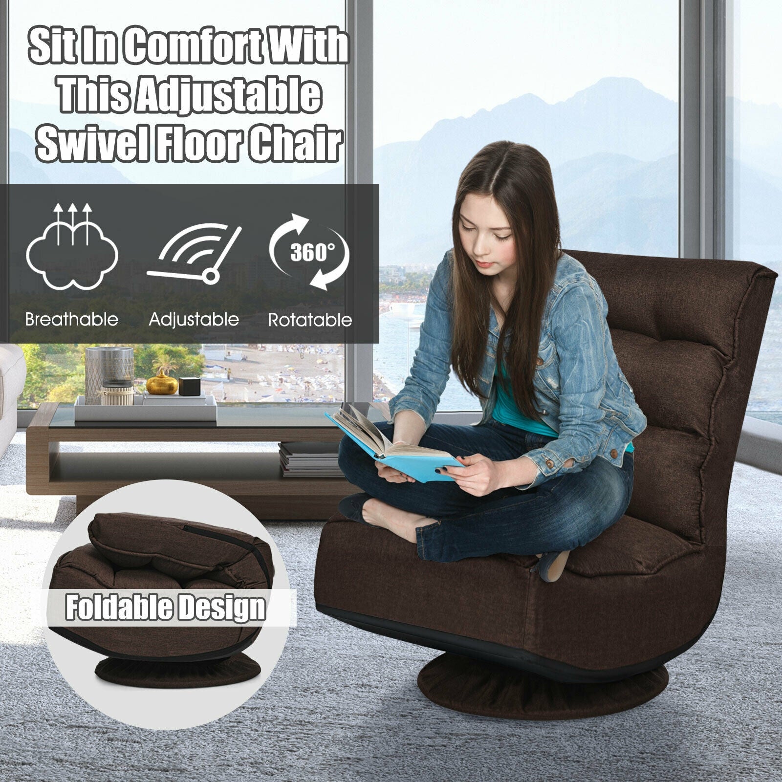 5-Position Folding Floor Gaming Chair-Brown 