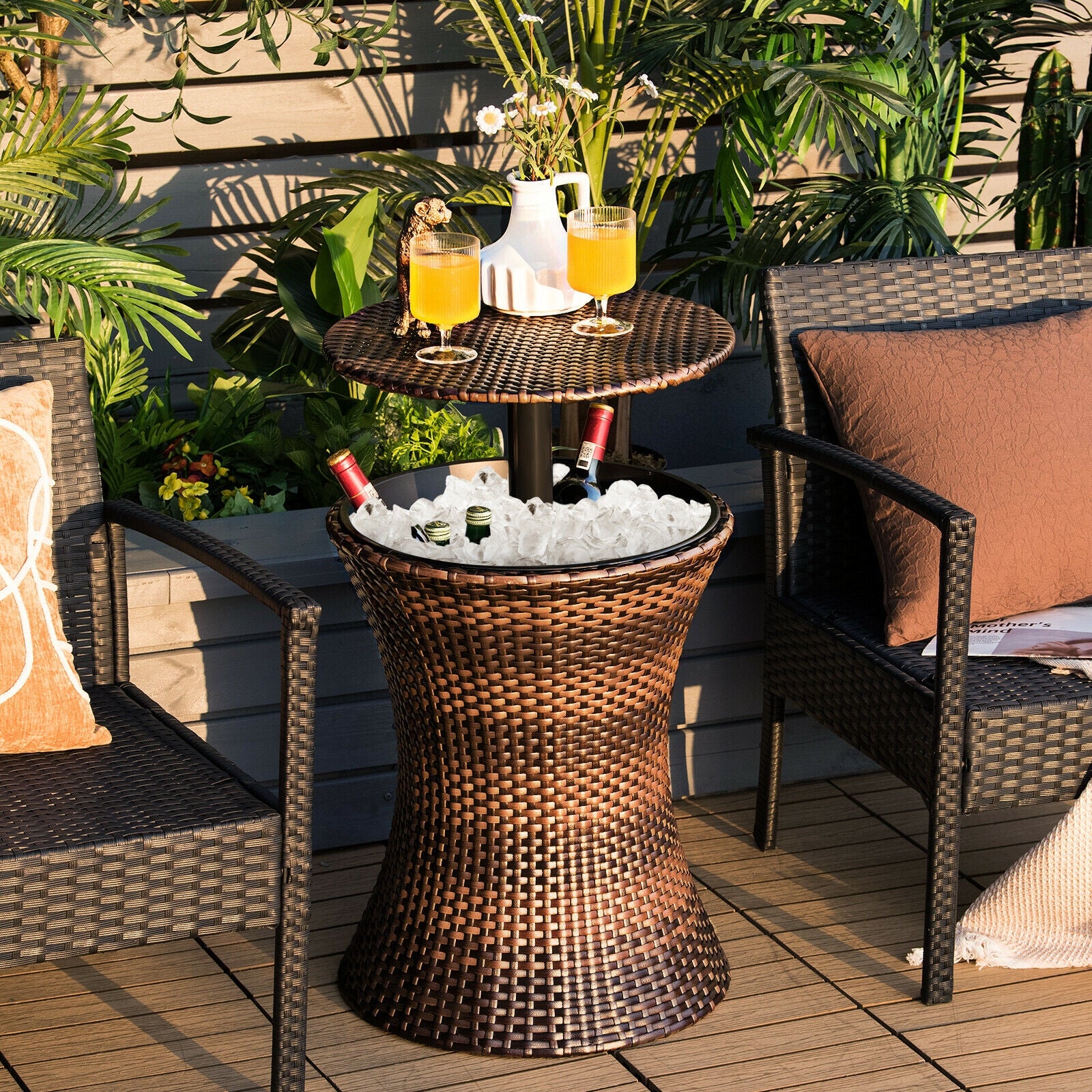 Height Adjustable Patio Rattan Cooler Bar Table-Black