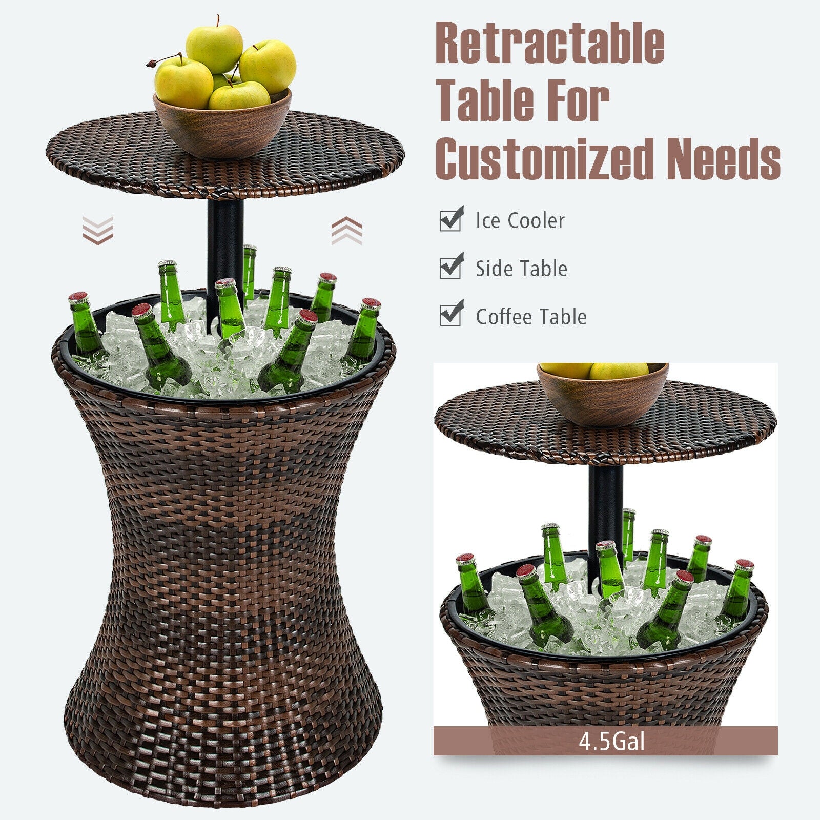 Height Adjustable Patio Rattan Cooler Bar Table-Black