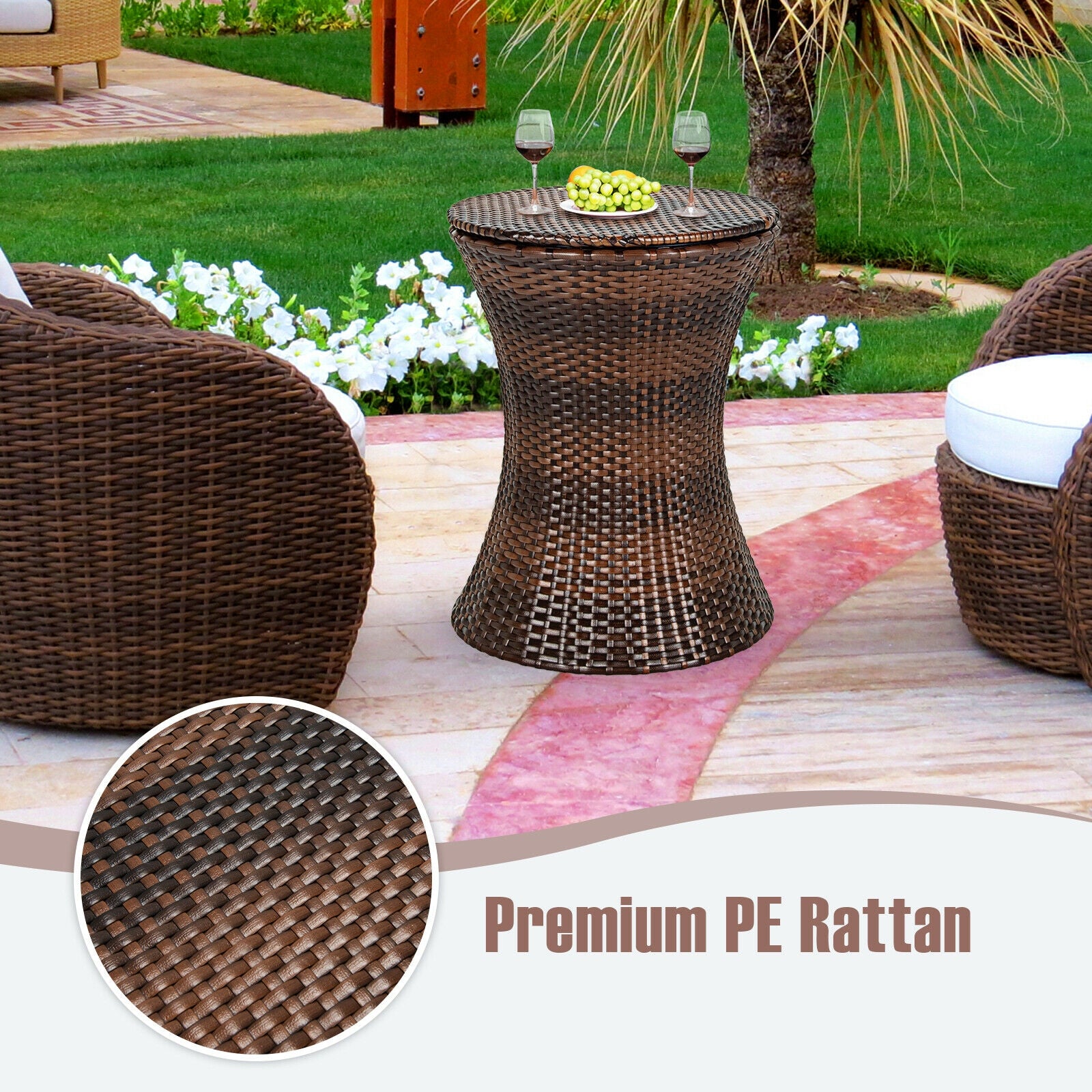 Height Adjustable Patio Rattan Cooler Bar Table-Black 