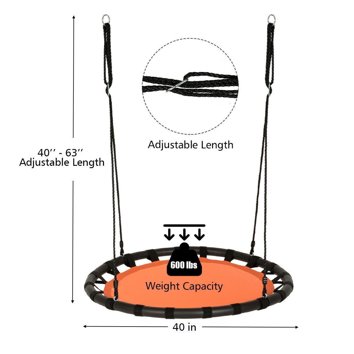 40" Kids Play Multi-Color Flying Saucer Tree Swing Set with Adjustable Heights-Orange