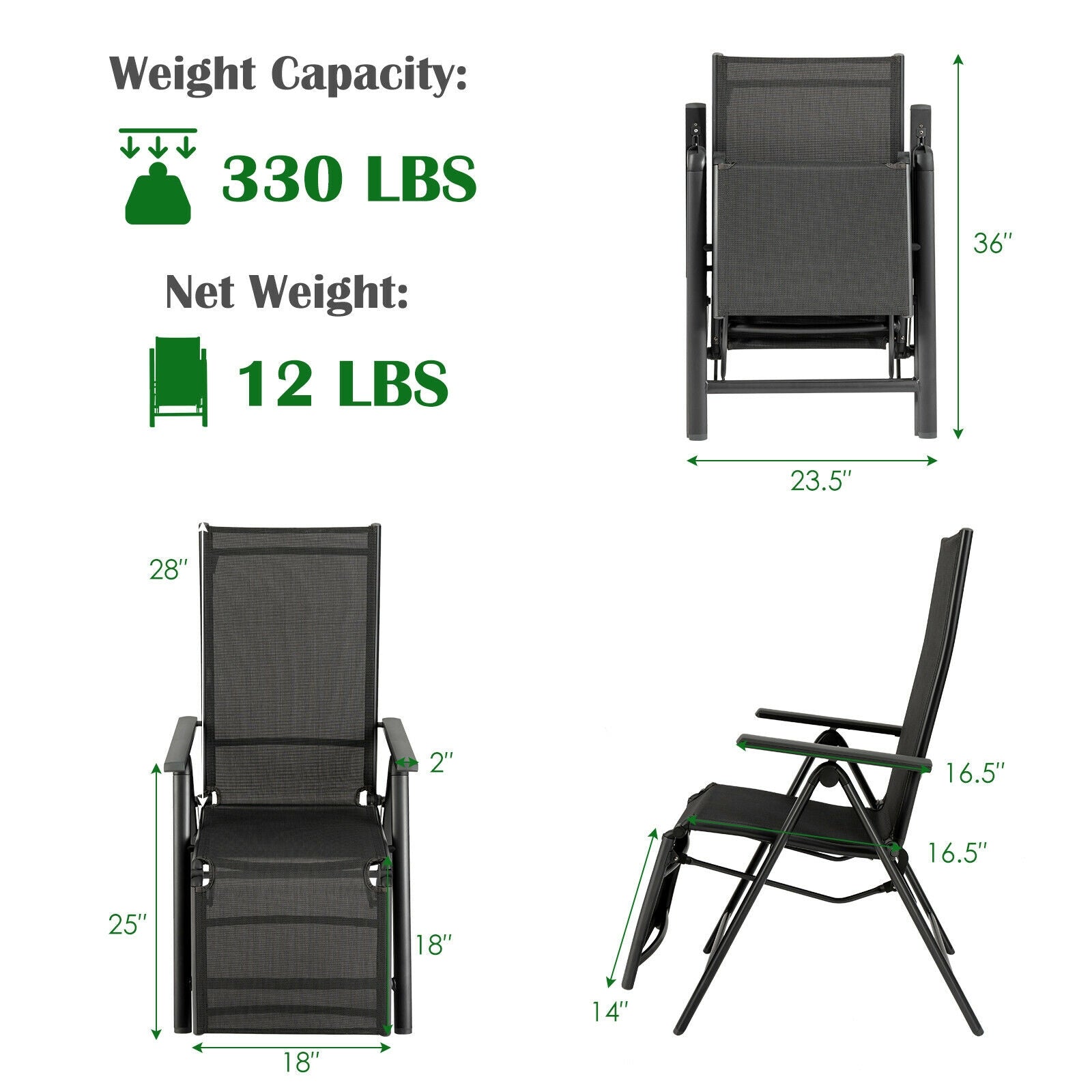 Aluminum Frame Outdoor Foldable Reclining Chair-Gray