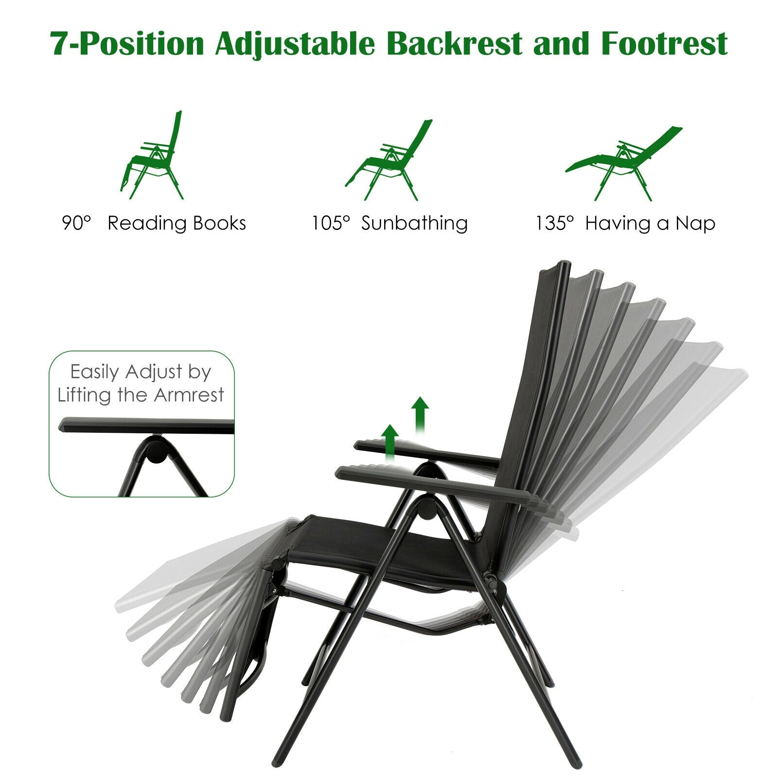 Aluminum Frame Outdoor Foldable Reclining Chair-Gray