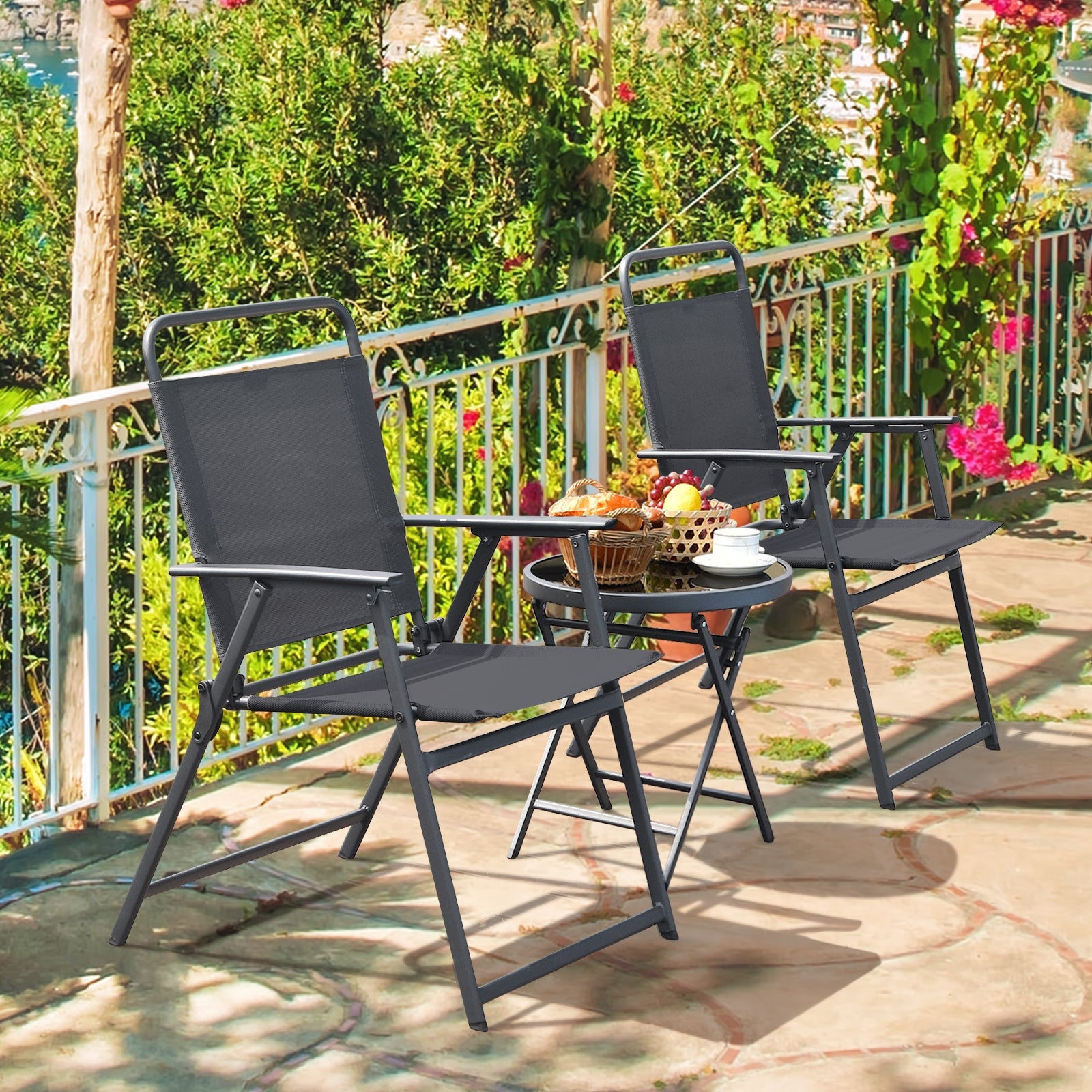 3 Pieces Outdoor Bistro Set with Folding Table and Chairs for Garden-Gray 