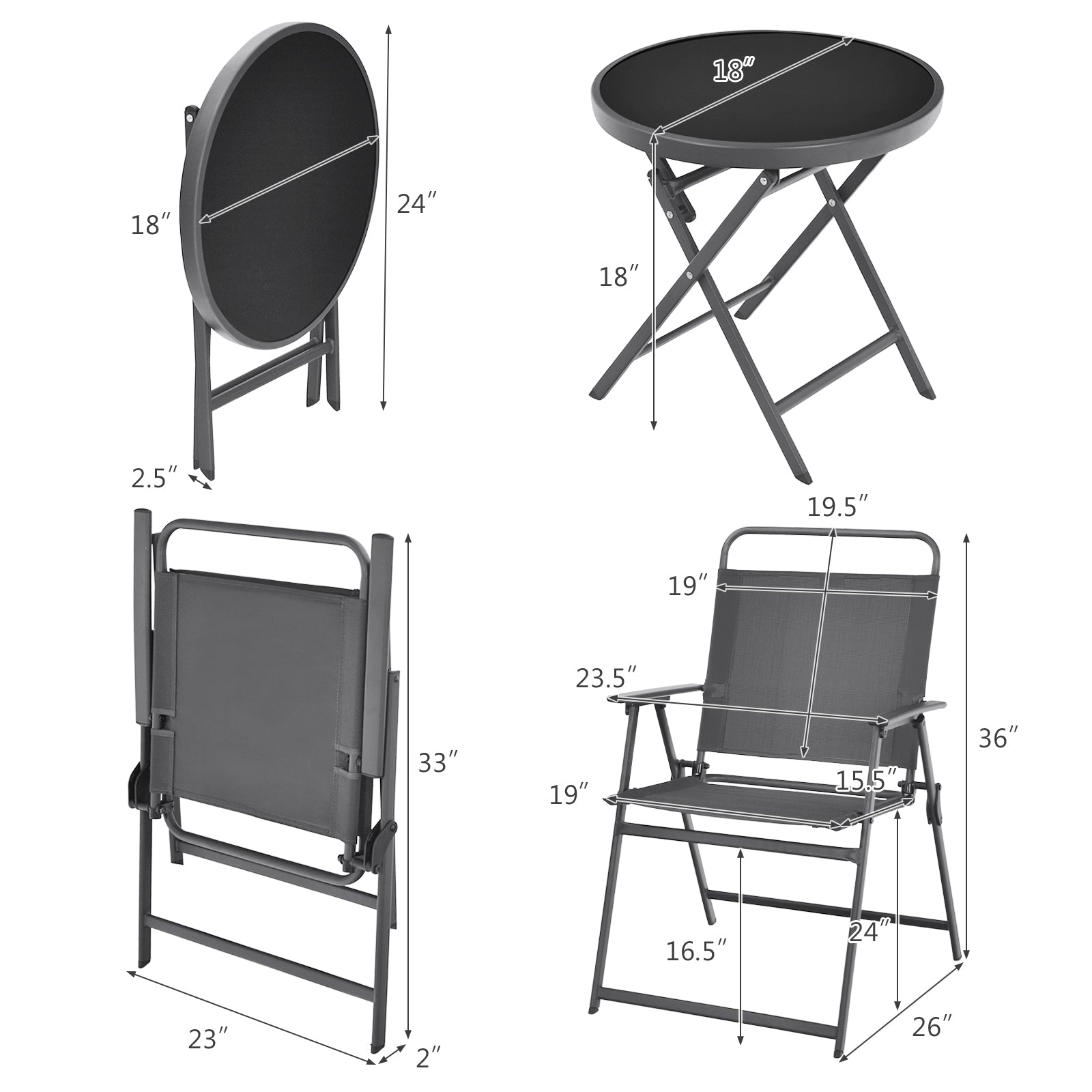 3 Pieces Outdoor Bistro Set with Folding Table and Chairs for Garden-Gray