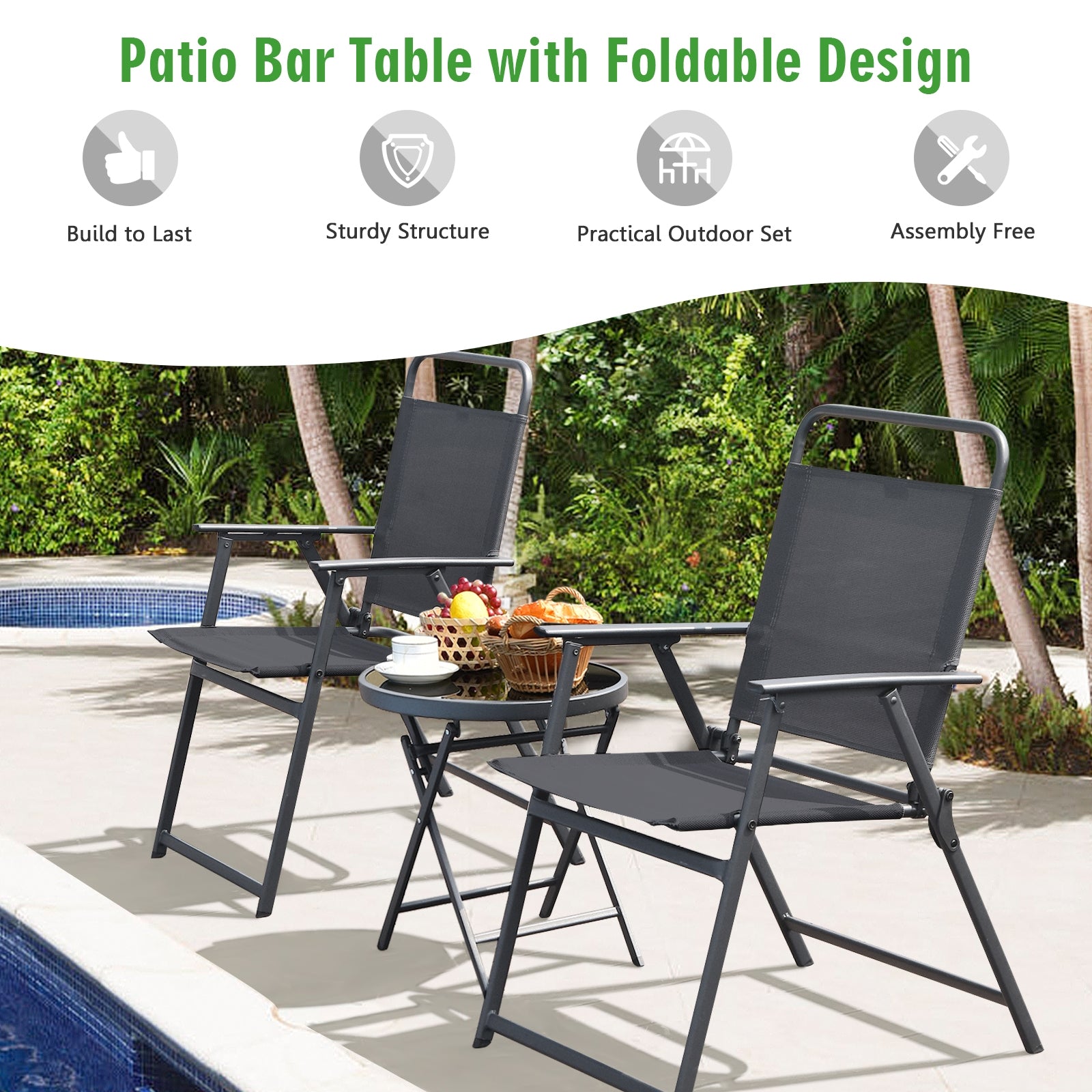 3 Pieces Outdoor Bistro Set with Folding Table and Chairs for Garden-Gray 