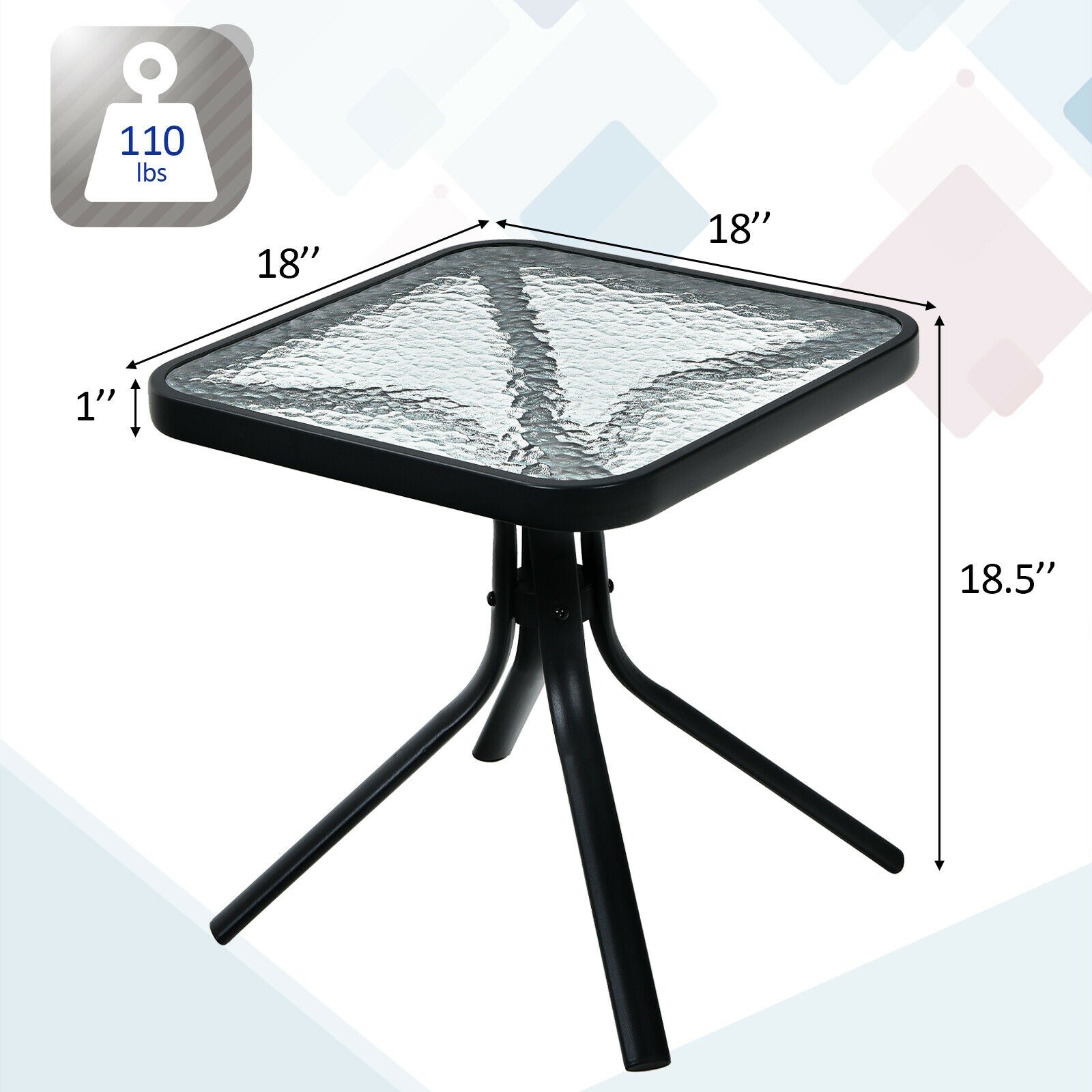 18 Inch Patio Coffee Side Table with Tempered Glass